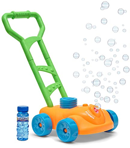 Little Kids FUBBLES NO Spill Bubble Lawn Mower | Includes 4oz Non Tox Refill Solution | Automatic Bubble Blower Machine | Toddler Outdoor Bubble Toy, Orange