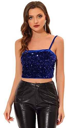 Allegra K Camisola de Terciopelo con Tirantes Finos y Lentejuelas Brillantes para Mujer Azul Marino S