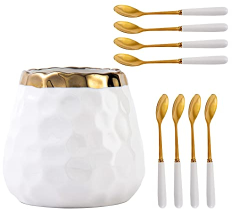 Tregoer Coffee Spoon Set,Ceramic Jar with 8 Small Spoons for Coffee,Tea,Ice Cream,Cake,Flatware Set (White gold jar+8 spoons)