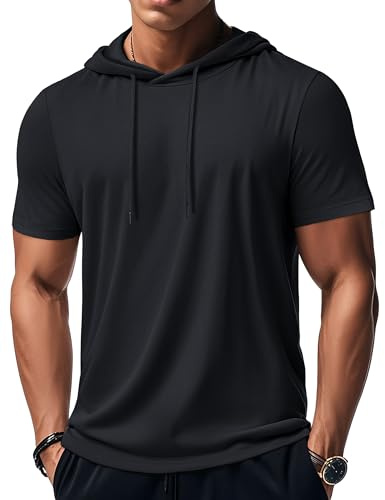 MAGCOMSEN Men's Short Sleeve Hoodie Cotton Workout Hooded T-Shirts Black
