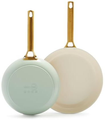 Greenpan Reserve Hard Anodized Healthy Ceramic Nonstick 2-Piece Frying Pan Skillet Set, 20 cm and 28 cm, Induction Suitable, Gold Handle, PFAS-Free, Oven Safe, Mint Green