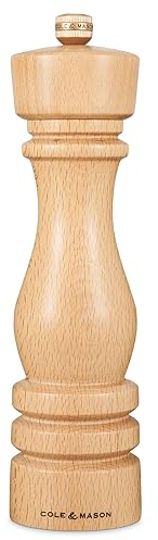 Cole & Mason London Natural Beech Pepper Mill, Precision+ Carbon Mechanism, Pepper Grinder with Adjustable Grind, Beech Wood, 220mm, Seasoning Mill, Lifetime Mechanism Guarantee