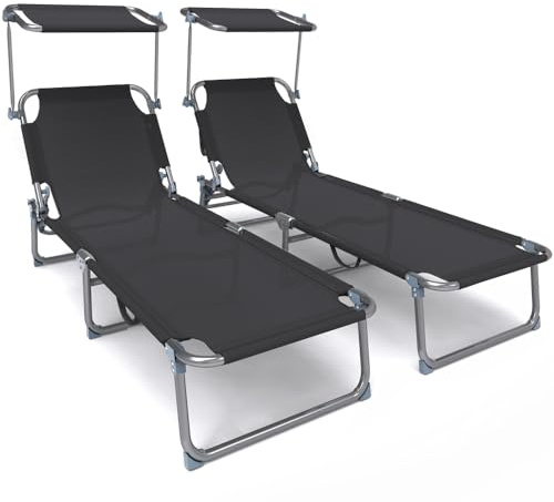 VOUNOT 2er Set Sonnenliege Klappbar, Gartenliege Strandliege mit Sonnenschutz und Verstellbarer Rückenlehne, Liegestuhl für Garten, Pool, Terrasse, Schwarz