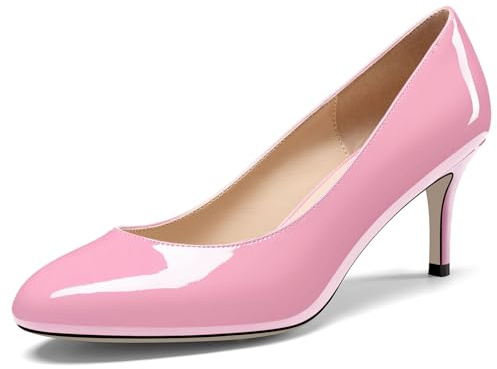 NobleOnly Femmes Fermé Rond Bout Mi Kitten Talon Heel Slip-on Bureau Escarpins Dress Décontracté Classique Chaussures 6.5 CM Heels Rose A 36 EU