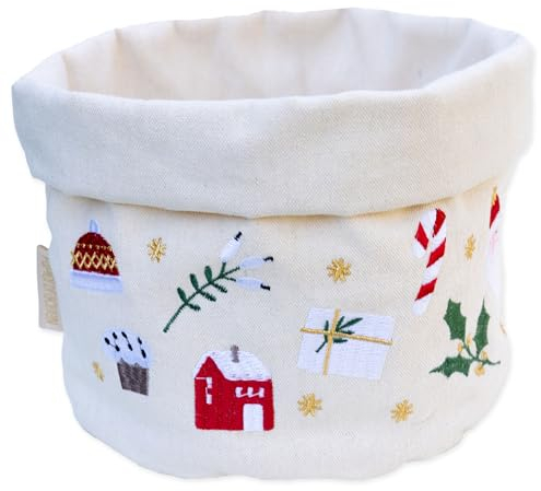 Papierdrachen Panera con bordado en color beige, rojo y dorado, cesta de lona, duradera, para guardar pan y pasteles, decoración de mesa festiva, juego de mesa de Navidad 01