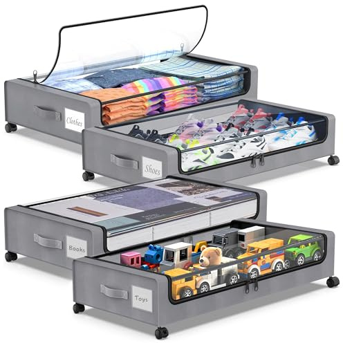 Beborxue Under Bed Storage with Wheels, 4-Pack Underbed Storage Containers with Clear Lids, XXL 60L Under the Bed Storage Organizer Bins, Rolling Under Bed Metal Drawer for Clothes,Shoes,Toys (Gray)