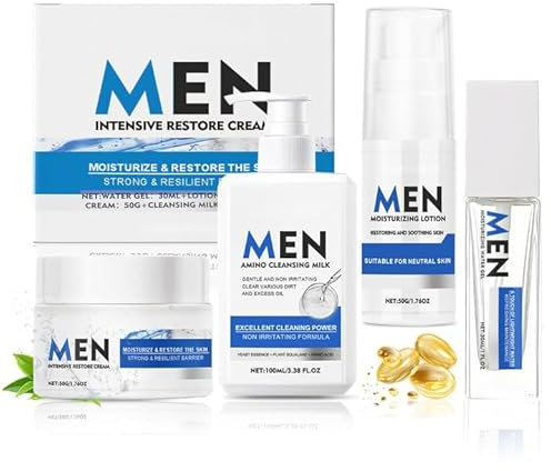 Skincare Uomo, Skin Care Uomo, Skin Care Kit con Tonico, Siero Viso, Crema Viso, Pulizia viso uomo, Gel Idratante, Da Regalare a Colleghi, Familiari e Amici, 4 Pezzi