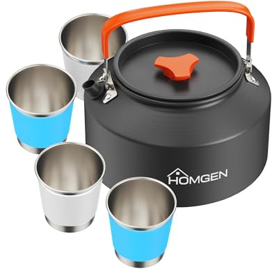 HOMGEN Camping Kettle with 4 Cups - 2L Large Portable Stovetop Tea Kettle - Fast Heating Boiling Hot Water for Open Fire - Lightweight Coffee Pot with Anti-Scald Handle & Carry Bag for Outdoor