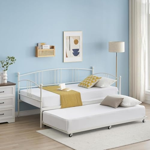 Garvee Twin Metal Daybed with Trundle, Pullout Trundle Bed Frame with Arched Headboard, Guest Sofa Bed with Steel Slat Support, No Box Spring Required, Easy Assembly, White