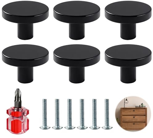 Set de 6 Boutons de Porte et de Meubles Ronds en Noir, Boutons de Tiroir en Aluminium Durable, Poignées de Cuisine et de Placard avec Vis et Tournevis Inclus pour Armoires et Commodes Modernes