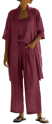 Set da 3 pezzi per il tempo libero estivo in cotone e lino, a maniche corte, cardigan aperto sul davanti, top elastico in vita, pantaloni lunghi casual larghi comodi abiti da viaggio, vino, L