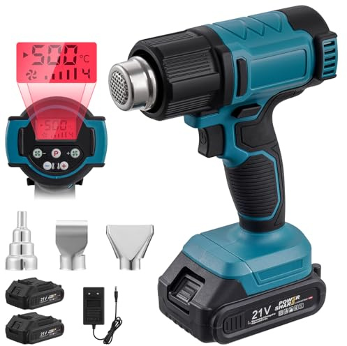 Teodute 21V Pistola Termica a Batteria, 350W Pistola Aria Calda, Riscaldamento Rapido 5s Fino a 550℃, Protezione Contro Surriscaldamento, 3 Ugelli, per Rimozione Vernice e Sbrinamento Tubi