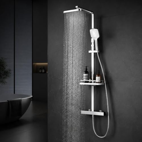 HOMELODY Sistema de ducha con termostato y estante de ducha cromado, juego completo con ducha de mano y alcachofa – Altura regulable, bloqueo de seguridad de 38 °C, montaje en pared para baño moderno