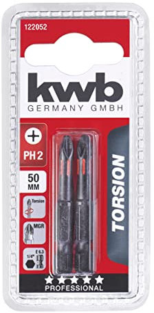 kwb 2 x Bits 50 mm PH 2 Torsion mit 1/4 Außensechskant (TQ 60 Stahl, Torsionszone, ISO 1173 Antrieb C6.3)