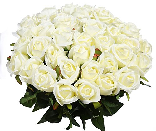 Veryhome 10 Pcs Artificial Roses Silk Flowers Fake Single Stem Rose Bud Bridal Bouqets For Wedding Home Birthday Party Arrangment Garden Decoration (White)