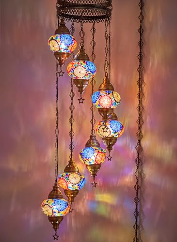 Hänglampa med 7 kulor i turkisk-marockansk mosaik, bohemisk Tiffany, hängande lampa, ljuskrona, belysning med 4,6 m sladd kedja US-kontakt, 127 cm höjd, 10 färger topmix