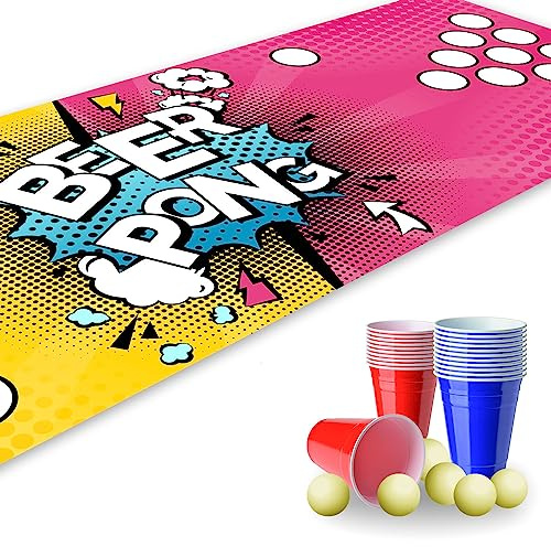 younikat Bierpong Matte 180 x 60cm I Bierpong Becher Set inkl. 22 Becher und 6 Bälle I Bierpongmatte rutschfest & wasserabweisend I Beerpongbecher Zubehör für Party, Garten & Festival | dv820