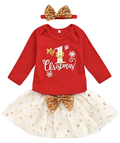 Verve Jelly Trajes de Navidad para bebés recién nacidos, camisetas para niños pequeños My 1st Christmas Romper + falda tutú + diadema con lazo, conjunto de ropa de 3 uds.