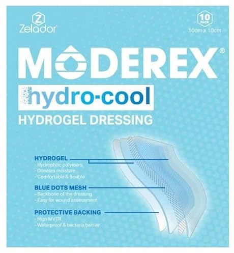 Moderex Hydrocool Hydrogel Medicazione Foglio per ustioni, ferite necrotiche, riduzione del dolore (15 x 10 cm x 10)