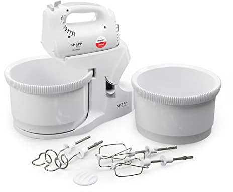 SMAPP 451.6 Küchenmaschine mit ZWEI 3,3L Rührschüssel - 580W Motor - Weiß, inklusive Misch- und Schneebesenaufsätzen und Blendernasensatz, 5 Geschwindigkeiten, Küchenmaschinen für Brotteig