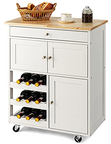 GiantexUK Kitchen Storage Trolley on Wheels, Rolling Serving Island Cart with Drawer and Wine Racks, Wooden Storage Display Cabinet for Dining Room Restaurant & Bar (Natural + White)