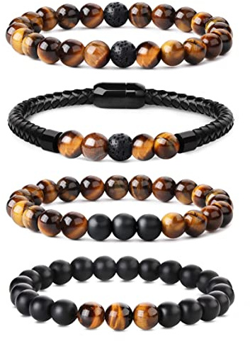 YAODCA 4 Pezzi Braccialetti di Perline per Uomo e Donna - Bracciale in Pietra Naturale e Occhio di Tigre - Bracciale in Pelle Maschile con Chiusura Magnetica in Acciaio Inossidabile