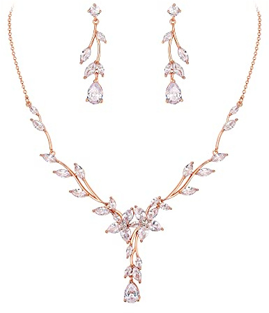 EVER FAITH Parures Bijoux de MariageCZ Feuilles Fleur Collier Boucles d'oreilles Ensembles pour Demoiselles d'honneur Mariée Clair Ton d'or rose