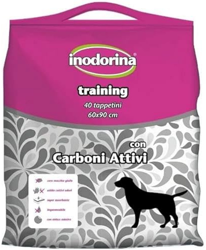 Inodorina Tappetini igienici per Cani (60x90 cm, 40 Pezzi) – Traversine con Carboni Attivi Super assorbenti in Pura cellulosa Vergine – con polimeri Odor Control e Sticker Antiscivolo