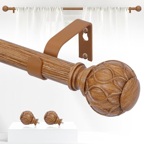 TANGWIN Gardinstänger i trä, för fönster på 71–122 cm, 2,5 cm justerbar gardinstång, robust gardinstång i trä med ändknoppar i nättextur, gardinstång för fönster på 46–114 cm, brunt trä