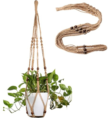 LINXIU Makramee-Pflanzenaufhänger Makramee Blumenampel Innen Blumen Ampel Balkon Wandbehang Hängeampel Pflanzen Blumentopfhalter mit Holzperlen für Heimdekoration, 89cm