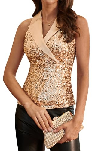GRACE KARIN Donna Top Paillettes Senza Maniche Collo a Risvolto Scollo a V Incrociato per Feste