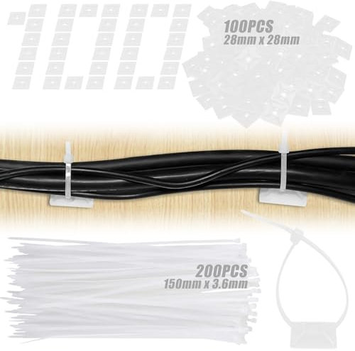 200 Pz de Bridas para Cables Resistentes a los UV Blanco 150 x 3.6mm y 100 Pz de Sujeta Cables Autoadhesivo de 28 x 28mm, Juego de Base Adhesiva para Sujetar Cables de Plástico para Fijación de Cables