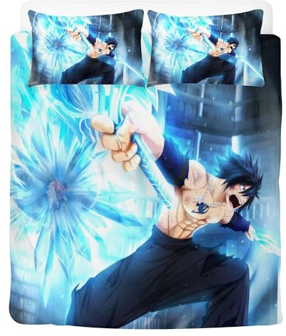 STARSAY Fairy Tail Bettwäsche 135x200 cm & 2 Kissenbezug 80x80 cm 3D Drucken Anime Bettbezüge Fanartikel Mikrofaser Bettwäsche-Sets 3-teilig (Gray Fullbuster)