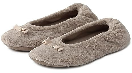 Womens Ballerina Slipper Winter Fluffy Totes Slippers Comfort Cotton Memory Foam Non-slip Ballet Flat Shoes with Satin Bow for Spring Autumn Winter (Beige, 5)