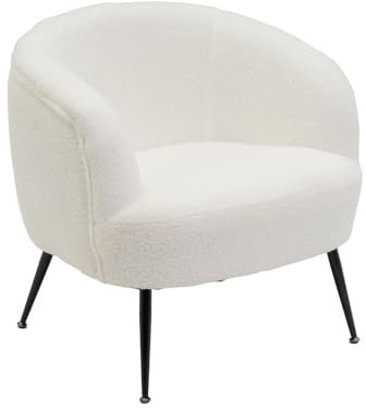 Sillón butaca redondo con brazos blanco de tela de borreguito para salón | Diseño ergonómico con patas metálicas negras que ofrece gran estabilidad, elegancia y un confort moderno