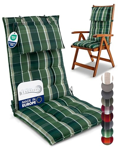 Beautissu 2er Set Premium Hochlehner Auflage Kopfpolster 120x50cm Sun-HL – 8cm Dick Polster Gartenstuhlauflage rutschfest Befestigungsbänder UV-Lichtechtheit 5 – Robust Stoff Grün kariert
