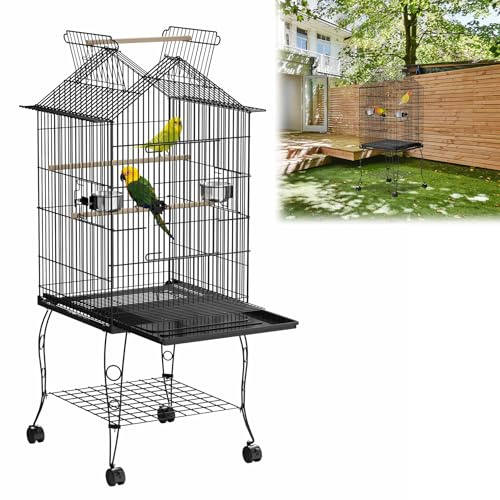 ORHEYA Jaula para pájaros con ruedas y soporte – Jaula para periquitos, loros y cotorras – Jaula para periquitos incl. barras de madera y comederos, tipo de casa para pájaros A