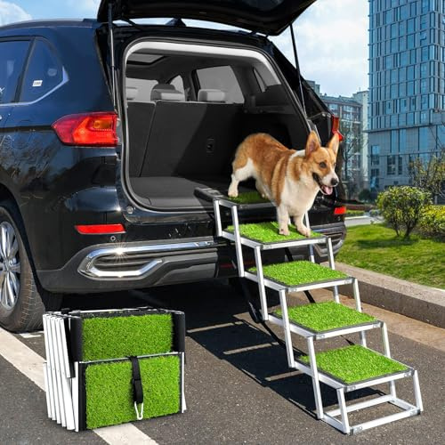 Rampa Pieghevole per Cani per Auto, Scale per Cani di Grossa Taglia con Superficie in Erba Sintetica Antiscivolo, Scale in Alluminio Leggero per SUV, Jeep e Camion, Fino a 70 kg