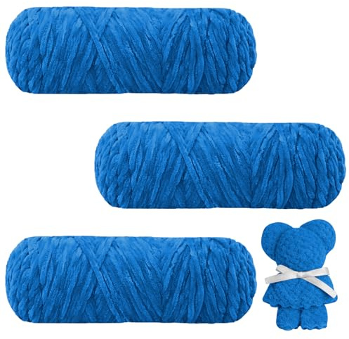 AUAUY Sammetslen Babyull, Sammetsull 300g (3 x 100g), Sammets-chenillegarn, Gosigt Mjukt Chenillegarn, Fluffigt Mjukt Plyschgarn, Virkgarn, ull för Stickning och Virkning, Kläder, Filtar - Blå