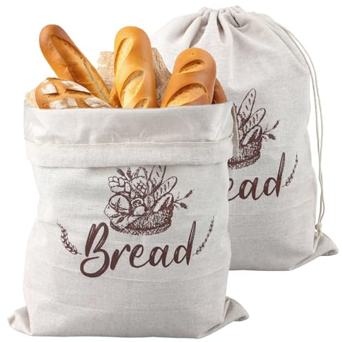 Bread Bags for Homemade Bread 2 Pcs, 43x32cm TPU Lined Reusable Bread Bag with Drawstring to Keep Bread Fresh Linen Food Storage Bag Kitchen Storage Sacks for Fresh Bread