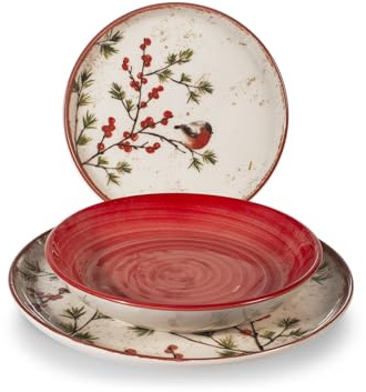 H&H Servizio Tavola 18 Pezzi Red Delights in Stoneware - Piatti Piani, Fondi e Frutta, Design Natalizio con Bacche Rosse e Pettirossi, Adatto a Lavastoviglie e Microonde