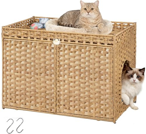 Fobyfurny Kattlåda med Skärm Handvävt Rotting, 77x46,5x55cm, Naturfärgad | Möbel för Dold Kattlåda med Matta och Staket, Kattbo med 2 S-formade Krokar, passar i Vardagsrum och Sovrum FPCB001RN1