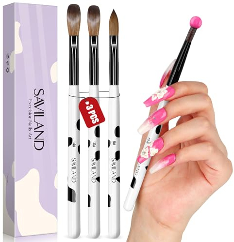 Saviland 3 pinceles acrílicos para uñas: cepillo de uñas pincel para arte de uñas para polvo acrílico para uñas cepillo de uñas cepillo de uñas cepillo para uñas de gel acrílico líquido acrílico juego