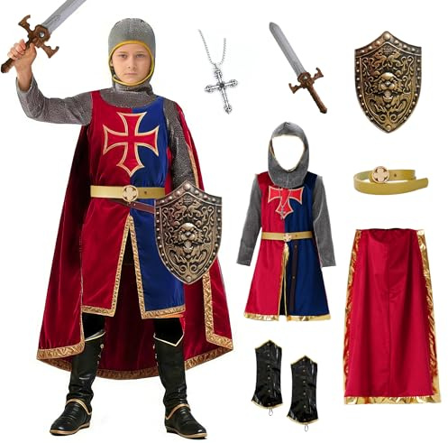 Mecamelon 8 Pcs Medieval Kids Knight Costume for Boys and Girls with Cape Shield Sword (Red, 7-8 Years)