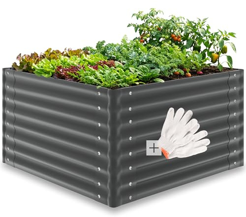 tectake® Bancal Elevado de 100 x 100 x 62 cm, 600L, para Huerto Urbano, Jardineras Exterior Grandes, Maceteros Grandes Exterior, Jardin, Macetero Grande, con Guantes, Suelo Abierto, Malla Metalica