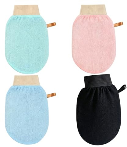 Juego de 4 guantes exfoliantes y guantes exfoliantes para ducha, baño, guante de ducha, exfoliante corporal, elimina las células muertas de la piel, reutilizables para piel lisa, rosa, negro, verde