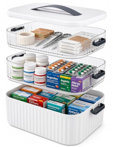 3 Layer Medicine Storage Box with Handle, Portable Plastic Medicine Container First Aid Box Empty, Large Household Medication Storage Box Pill Organizer for Home Cabinet Office Travel Car School