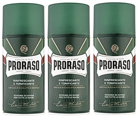 3 unidades de espuma de afeitar verde Proraso con aceite de eucalipto y mentol para todos los tipos de piel, 300 ml = 900 ml