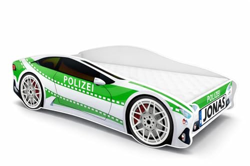 ACMA Autobett Polizei 140x70 cm personalisiert mit Name - Kinderbett Auto im Polizeiwagen Design mit Matratze und Lattenrost, Jugendbett mit Rausfallschutz, Modell Polizei 2, belastbar bis 150 kg