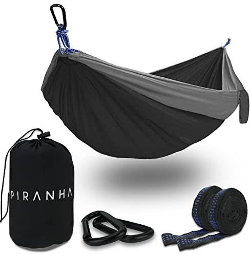 PIRANHA Hängematte Outdoor | 300kg Traglast | Doppelhängematte mit Befestigungs-Set | Nylon Camping Reisehängematte | 290x140cm I Tolles Geschenk